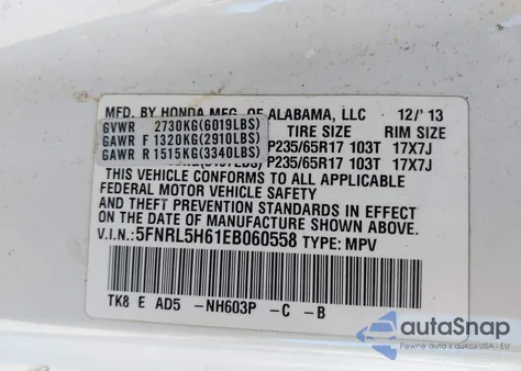 2014 Honda Odyssey Ex-L from USA, damaged, VIN 5FNRL5H61EB060558